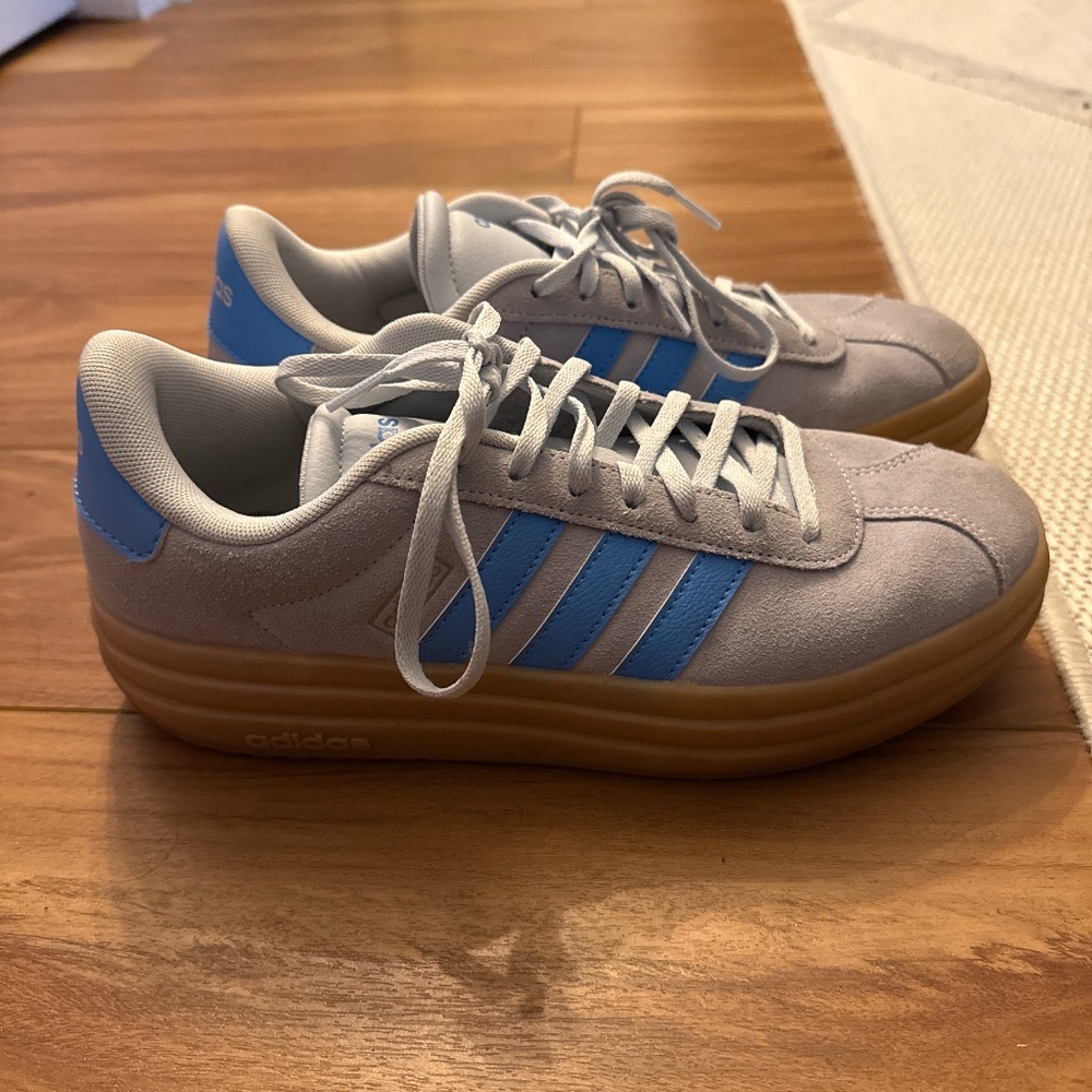 adidas Light Gray and Blue Suede Athletic Shoes with Gum Sole